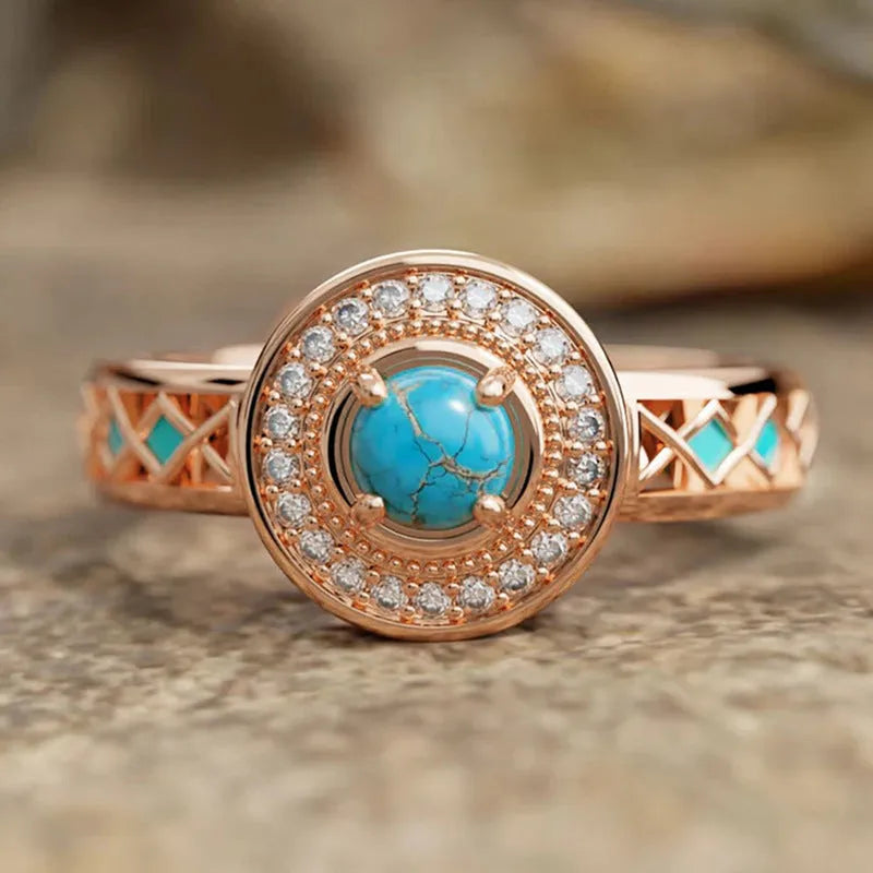 Women's turquoise ethnic style copper ring with oil micro inlaid zircon geometric design in rose gold colour