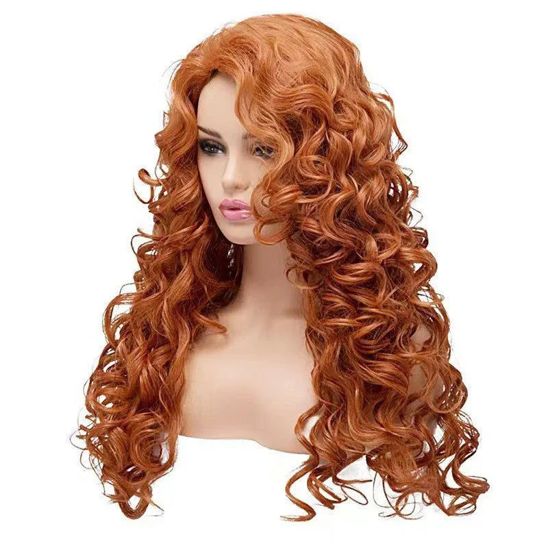 Brown long wavy curly synthetic wig for ladies Halloween cosplay on wig head