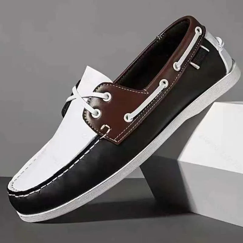 Men's solid-colour casual shoes with a round toe and flat heel, shown in an artificial PU material.