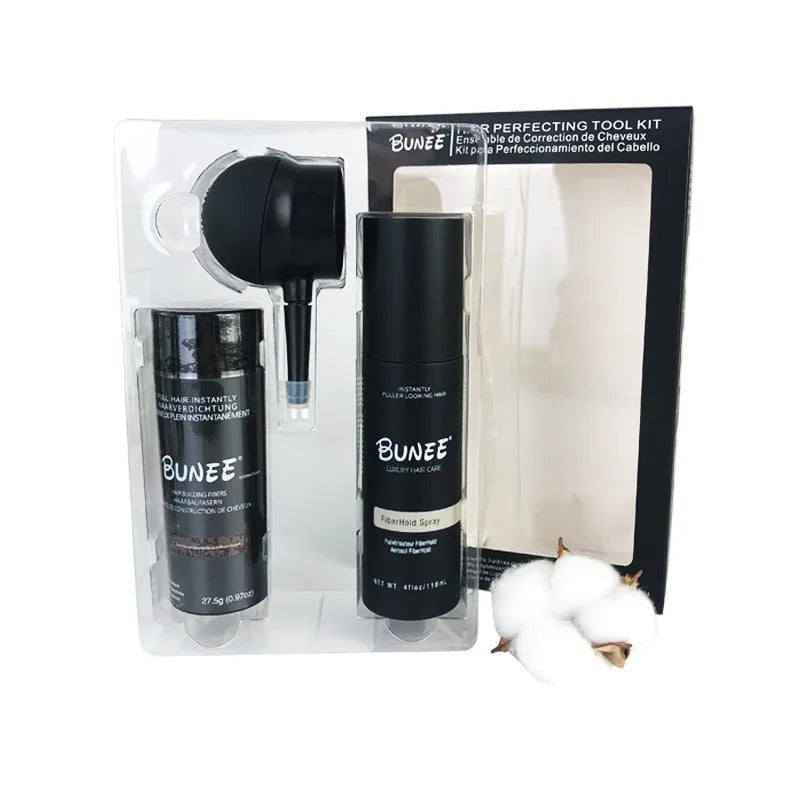Dense hair fibre powder 275g canister with applicator nozzle and shaping spray bottle for thickening hair