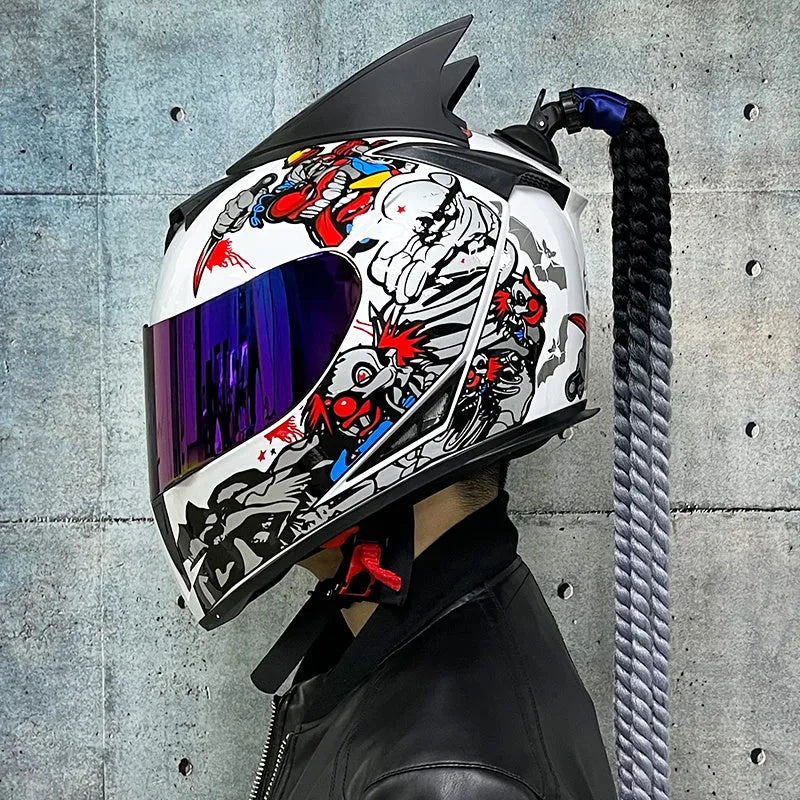 Dirty Braids full face motorcycle helmet with graphic design, shown in size L.