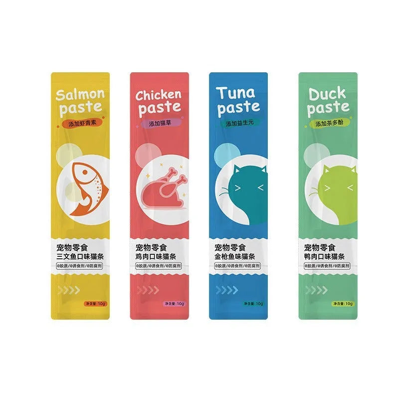 Pack of ten cat strip snacks in chicken, duck, salmon and tuna flavours for kittens