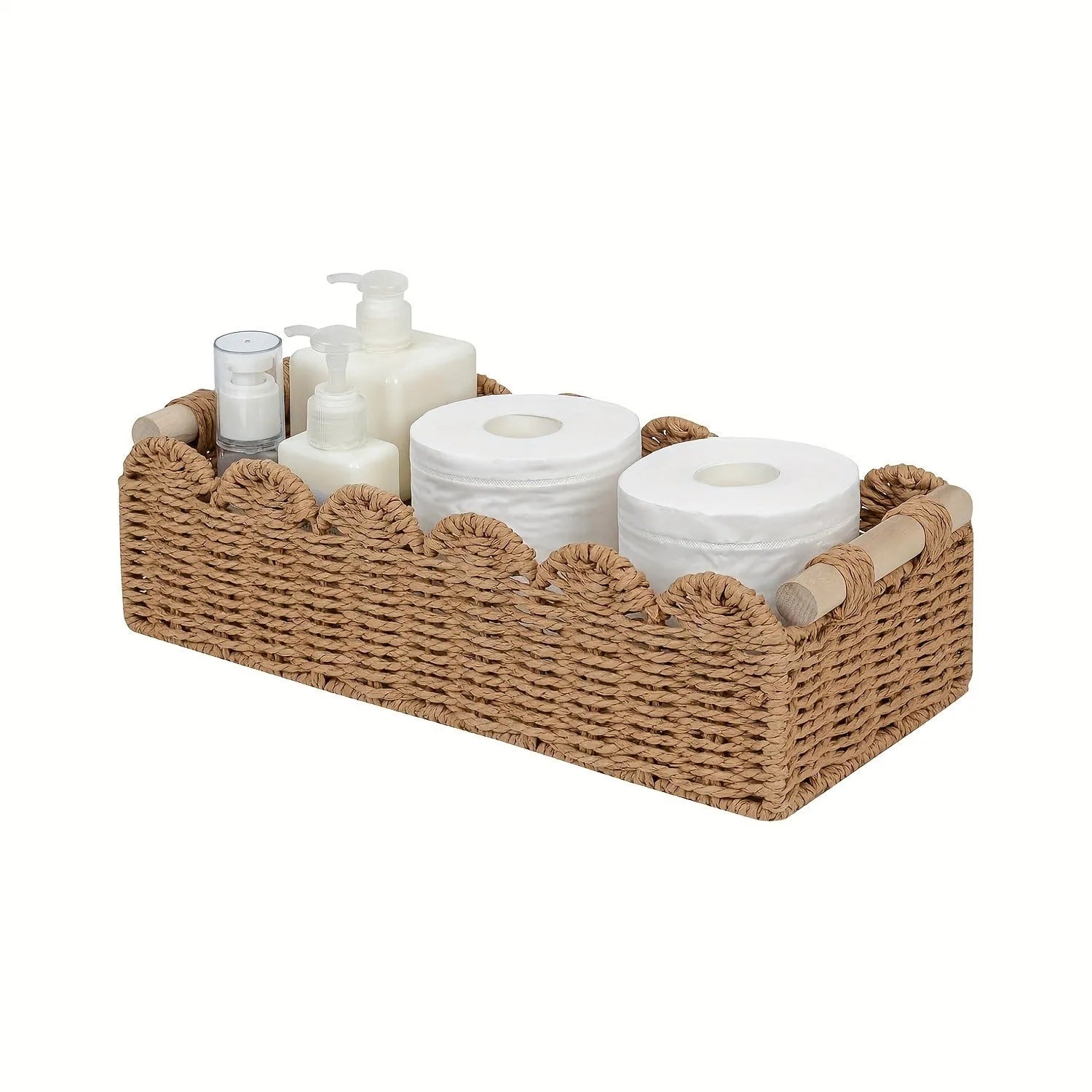Rectangular woven paper storage basket in a choice of colours on a wooden table.