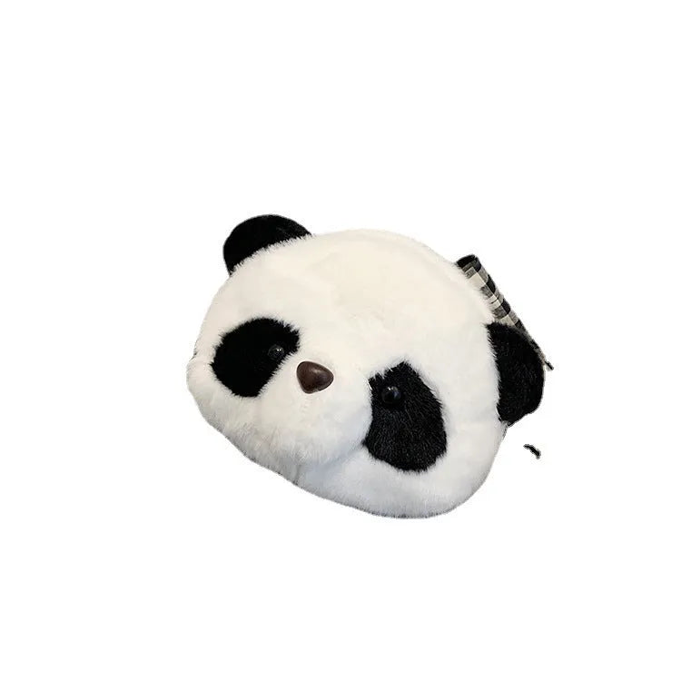 Soft plush cylindrical crossbody bag with panda head design, showing sandwich pocket.