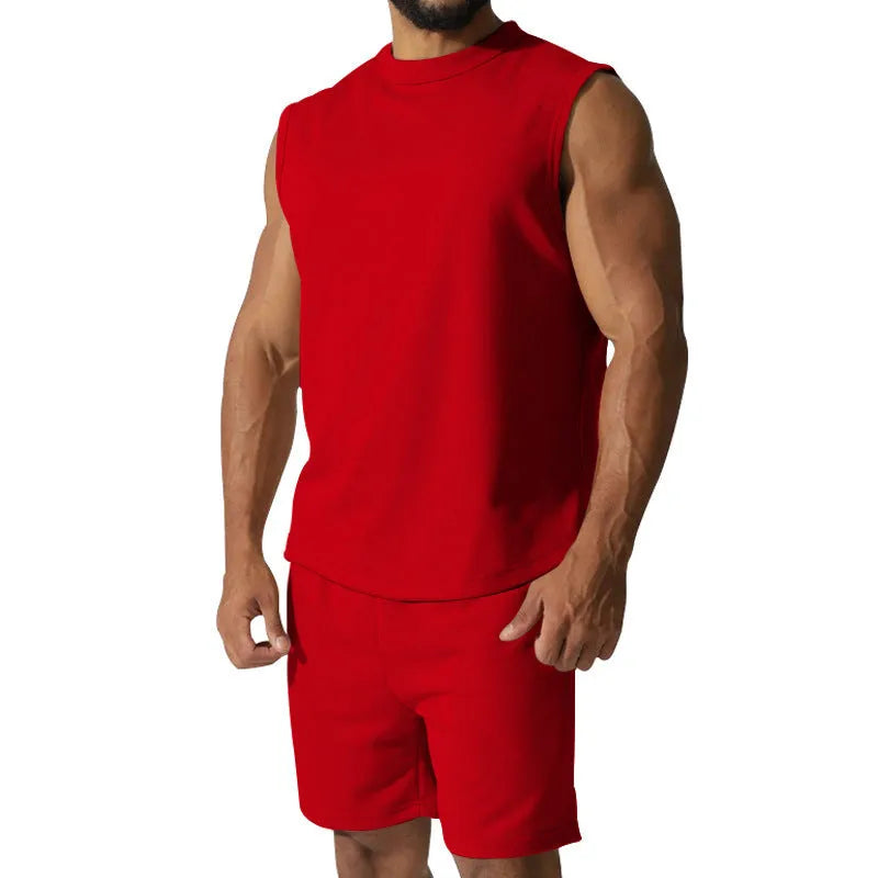 Men's sleeveless sports suit set in cotton blend fabric with matching shorts