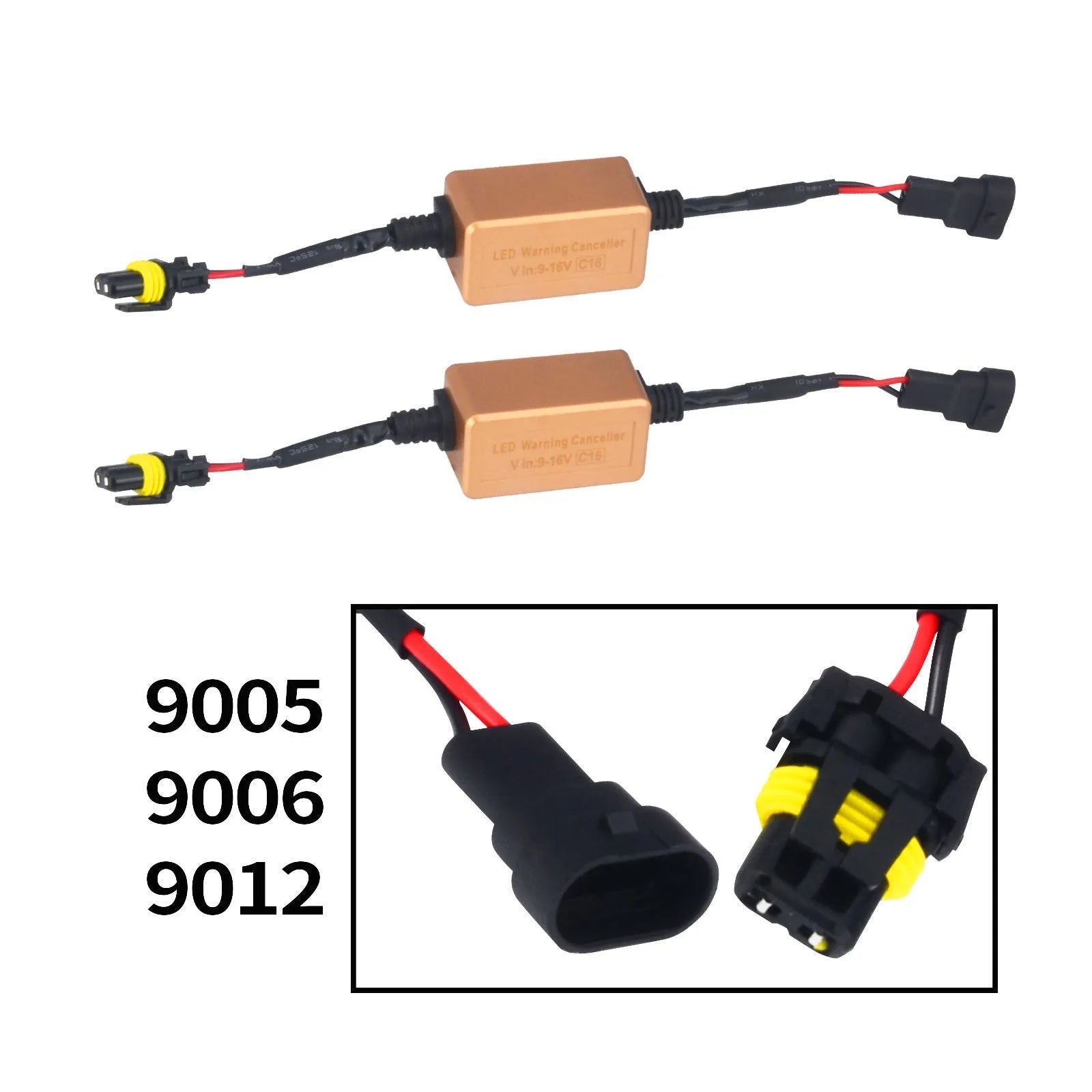 Black alloy LED Canbus decoder for H4 H7 H11 car headlight bulbs on a white background.