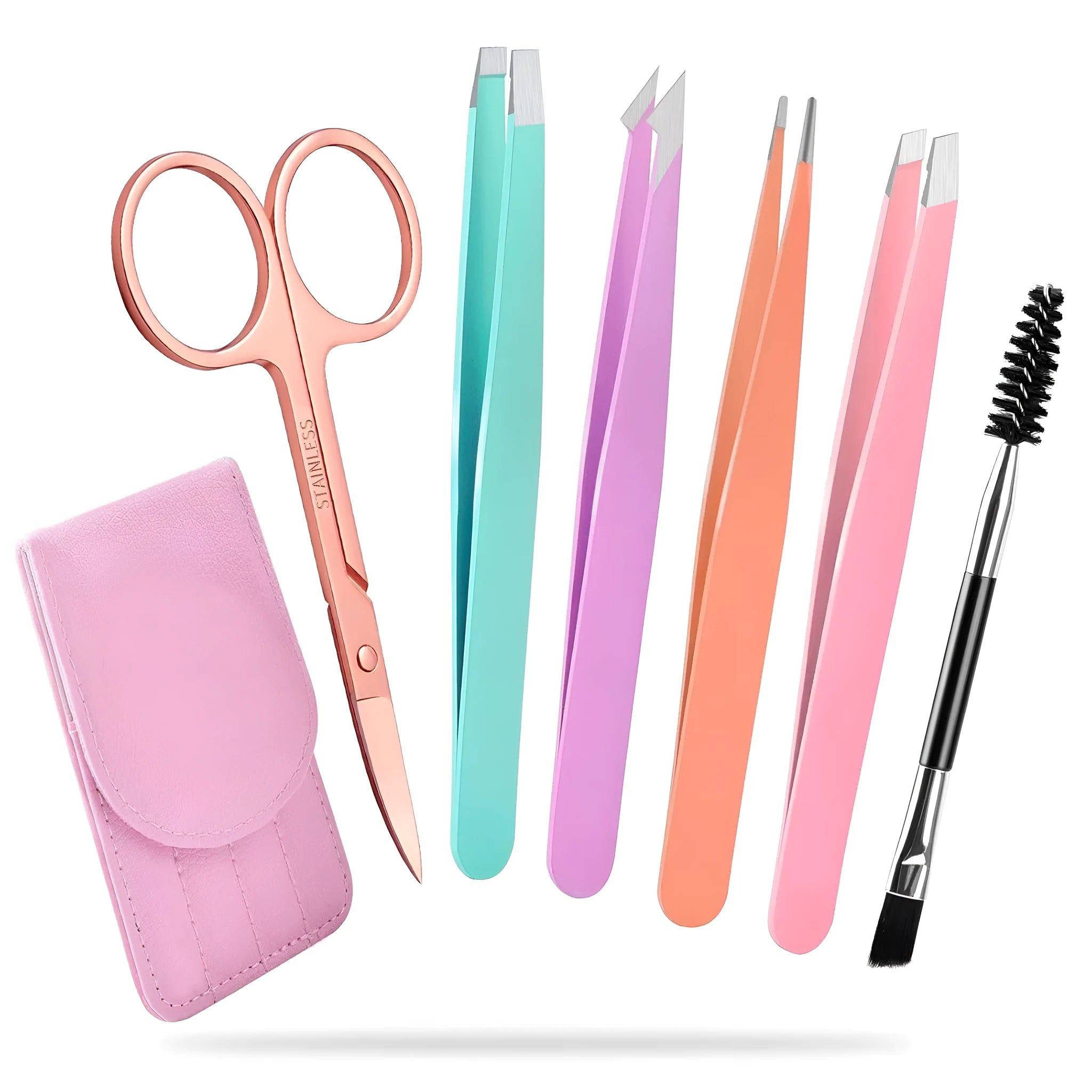 Six-piece stainless steel eyebrow tweezers set with curved scissors, brush, and leather case.
