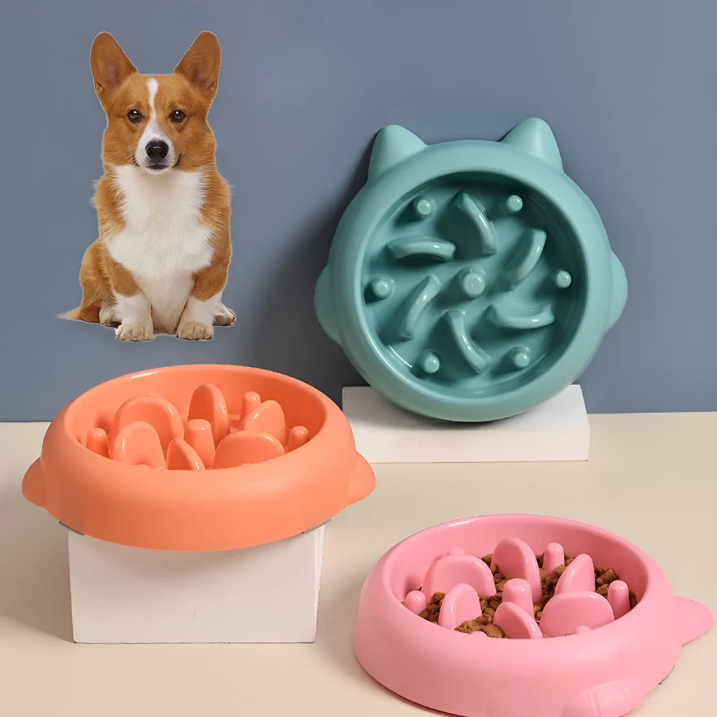 Green slow feeder dog bowl with maze ridge pattern for anti-gulping feeding
