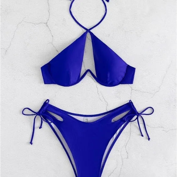 Women's halter-neck bikini swimsuit set in brown, blue, or black with matching briefs