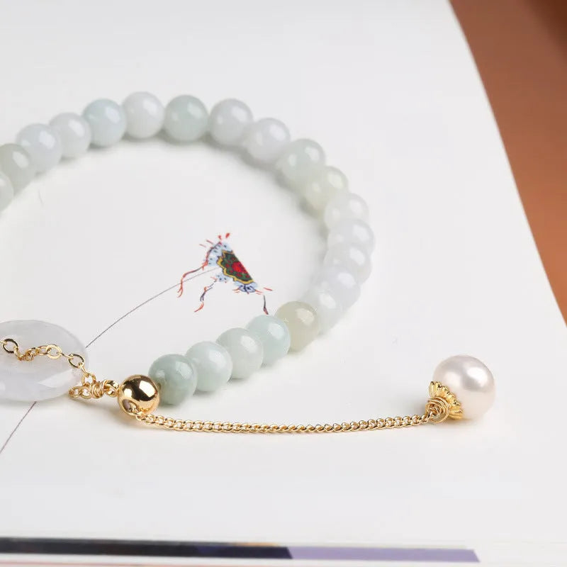 Handmade jade pearl bracelet with natural emerald peace buckle and geometric national style design