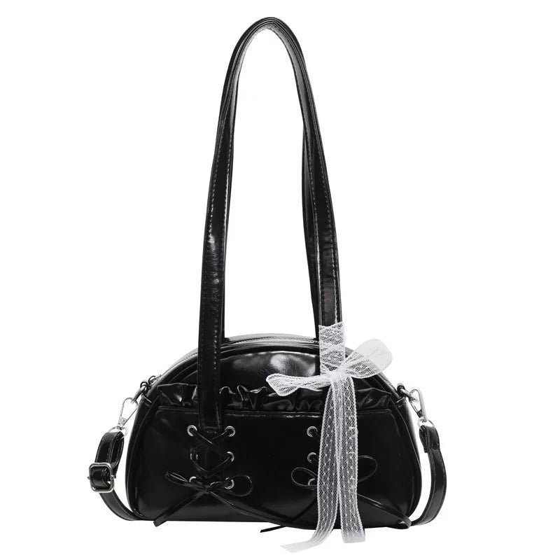 Women's casual PU shoulder handbag with a bandage bow and phone compartment in multiple colour options.