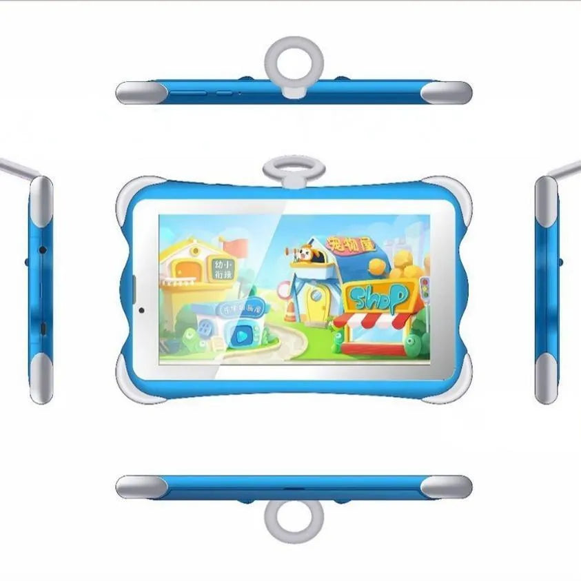 Cartoon-coloured 7-inch children's learning tablet with a flip-out stand on a table