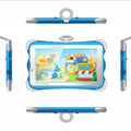 Cartoon-coloured 7-inch children's learning tablet with a flip-out stand on a table