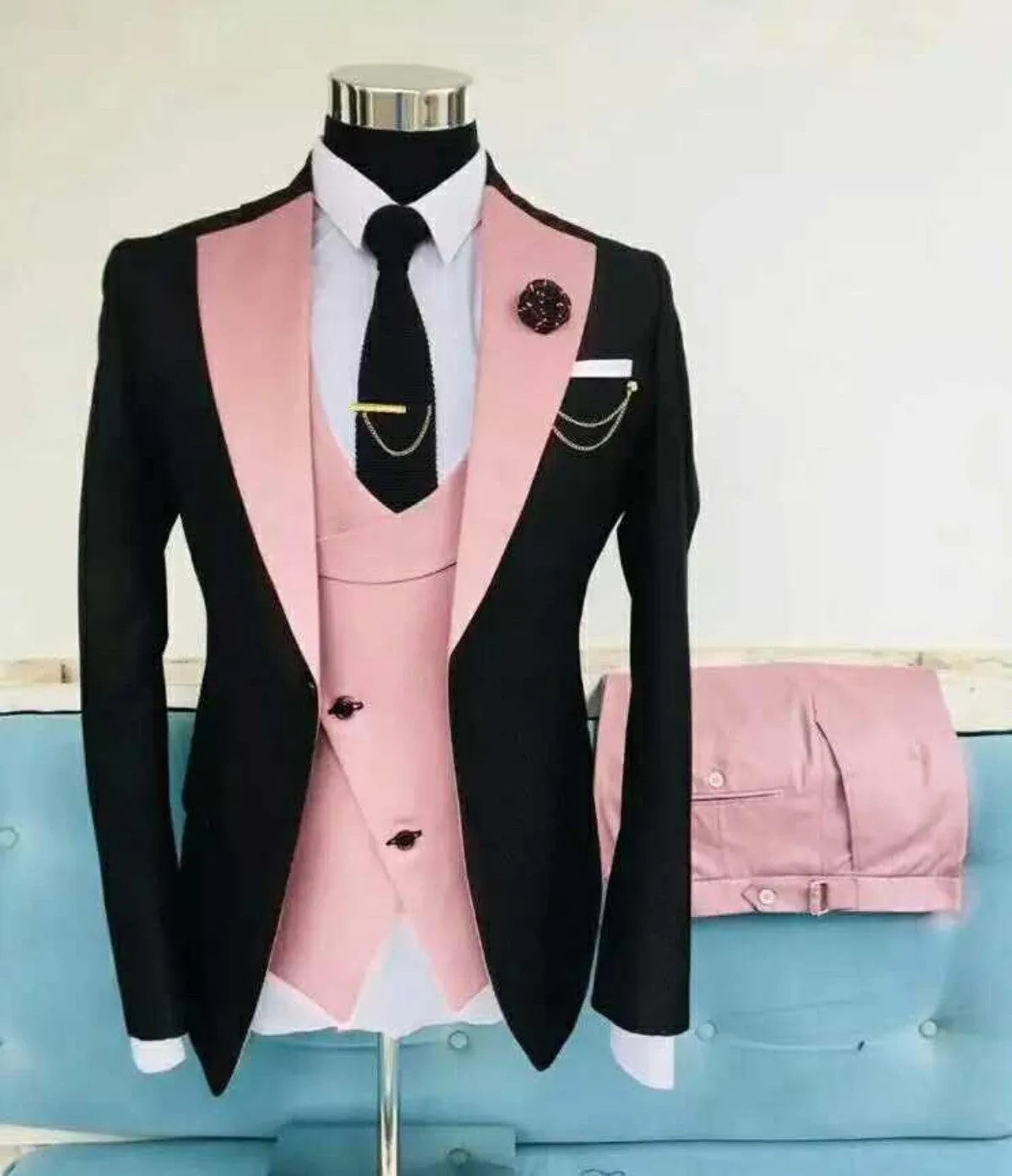 Men's slim fit cotton three-piece suit in a light business style, shown with coat, vest, and trousers.