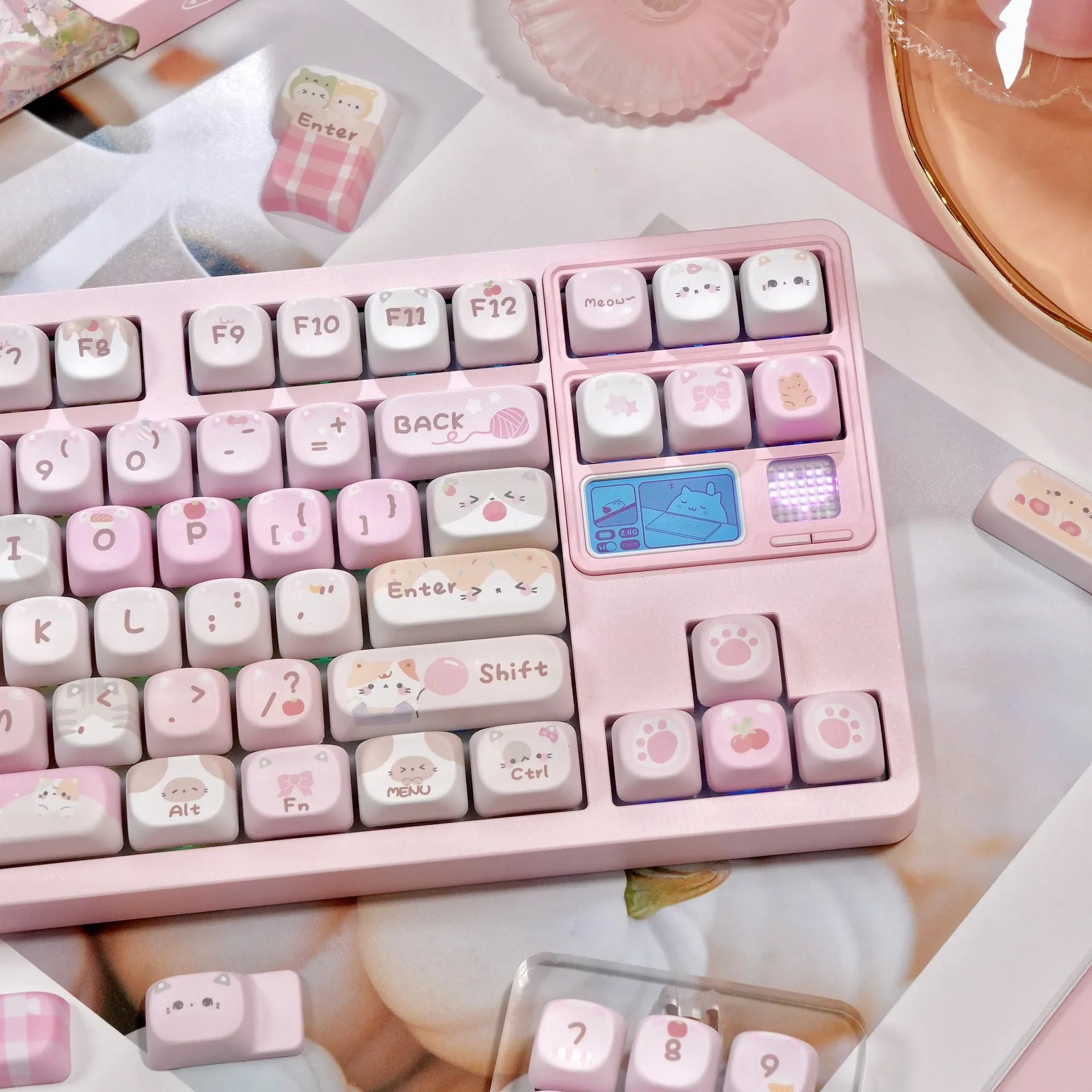 MOA height full five-sided sublimation key cap set with pink cartoon designs for mechanical gaming keyboards
