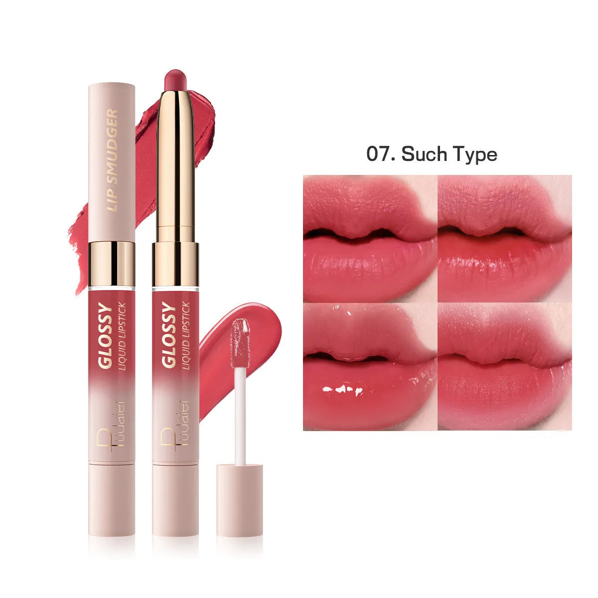 Double-headed lipstick lip gloss with matte finish showing 10 different colour options numbered 01 through 10