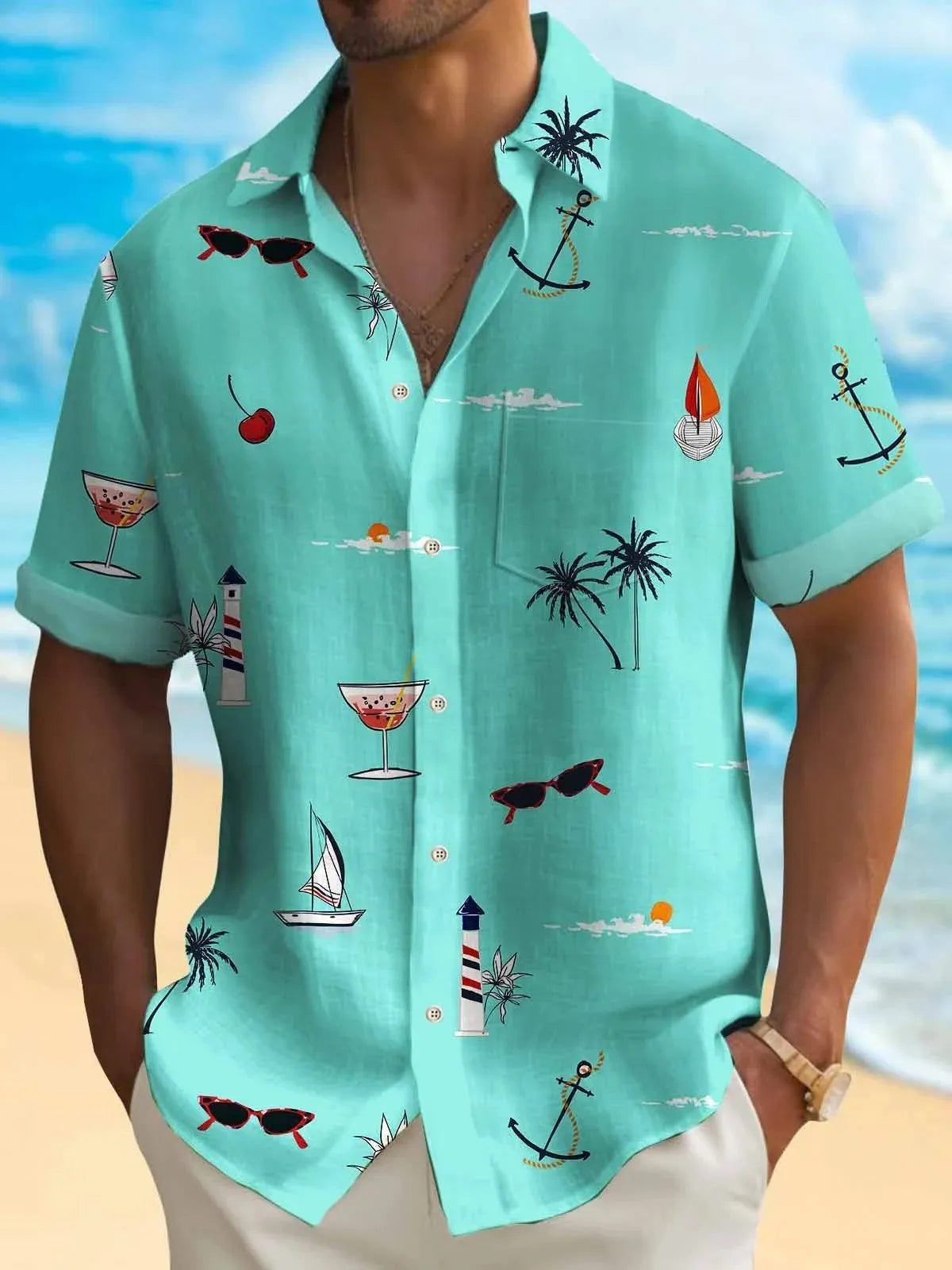 Men's loose fit Hawaiian shirt with colourful digital print pattern and short sleeves.