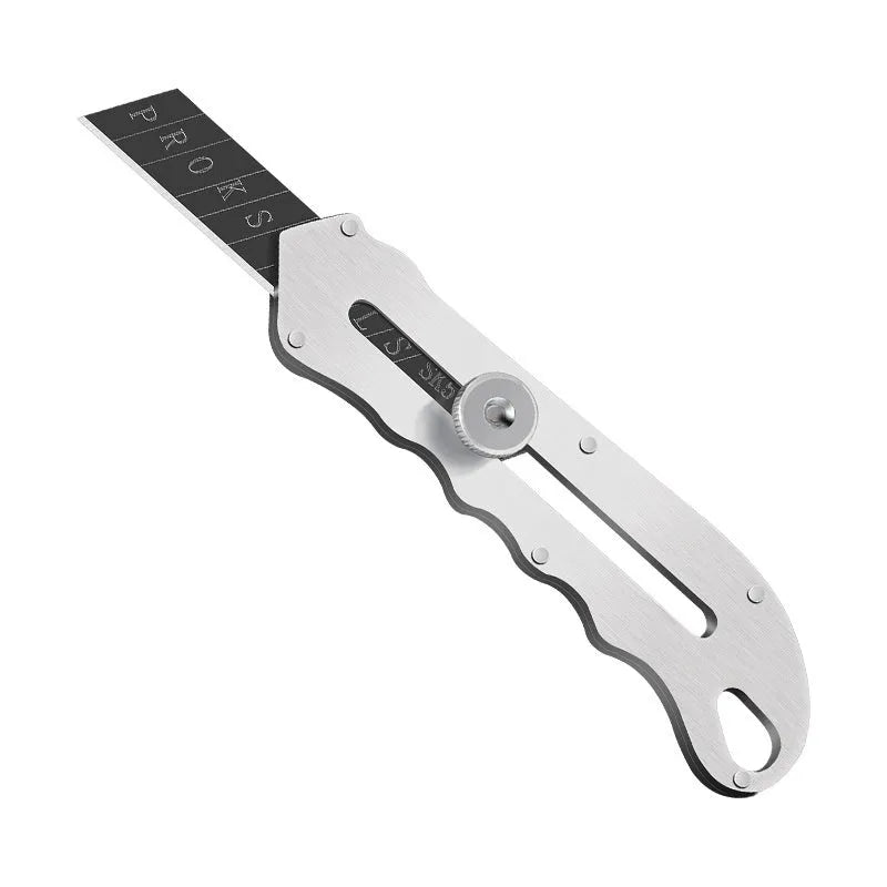 Stainless steel folding art knife with black blade and a pack of long and trapezoidal blades