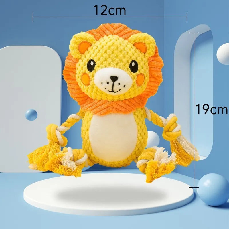 Lion and monkey plush squeaky dog toys side by side, showcasing two different designs in the bundle.