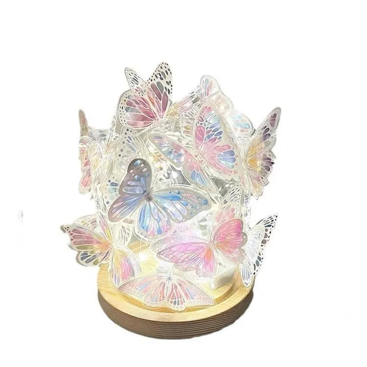 Handmade butterfly night lamp with glass shade on raw wood base, 12x15cm bedside light.