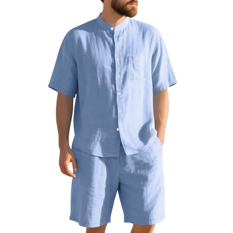 Men's light blue short-sleeve linen shirt and matching shorts, a casual two-piece summer suit set.