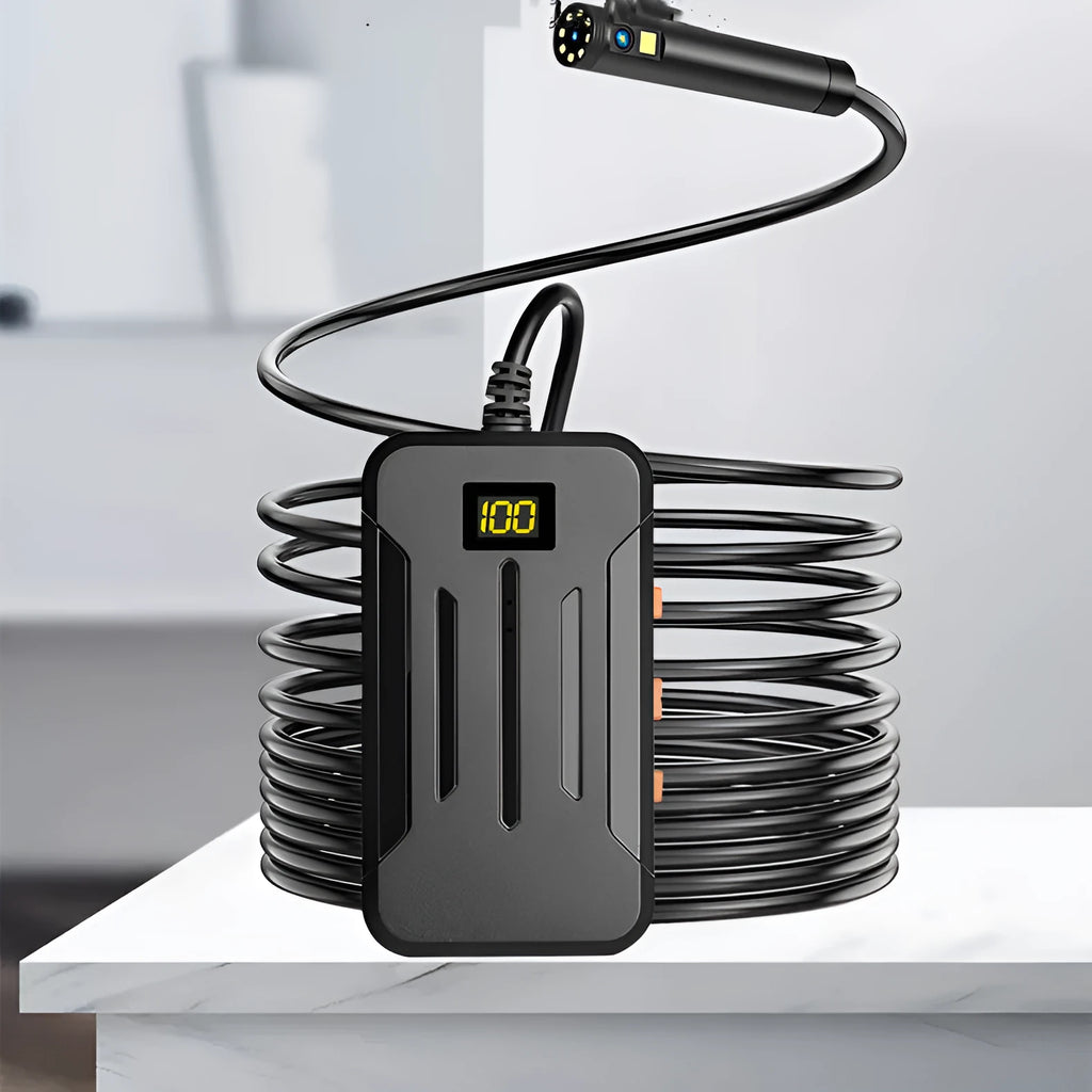 Wireless dual lens endoscope with 5.5mm and 8mm probe options showing hook and magnet accessories