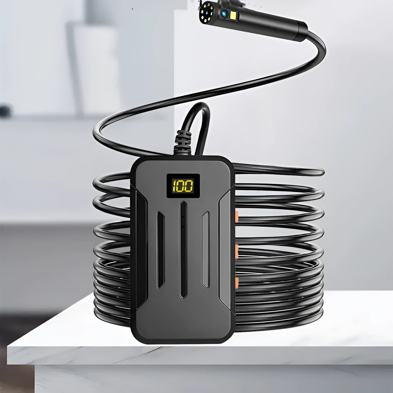 Wireless dual lens endoscope with 5.5mm and 8mm probe options showing hook and magnet accessories