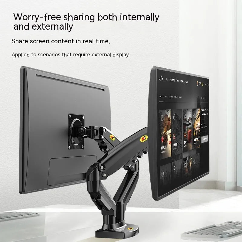 Dual screen lifting monitor bracket made of aluminium alloy and black plastic for VESA mounts.