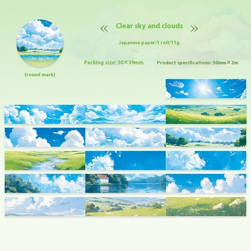 Japanese paper washi tape roll with sky theme designs including clouds, sun and nebula patterns