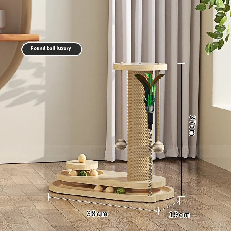 Solid wood cat scratching post with a central turntable, shown in a basic large flower style.