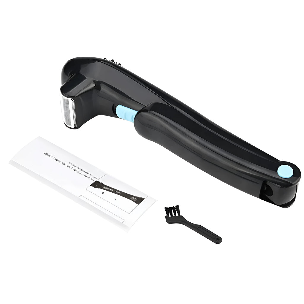 Black folding dry battery electric shaver for body hair removal on a white background.