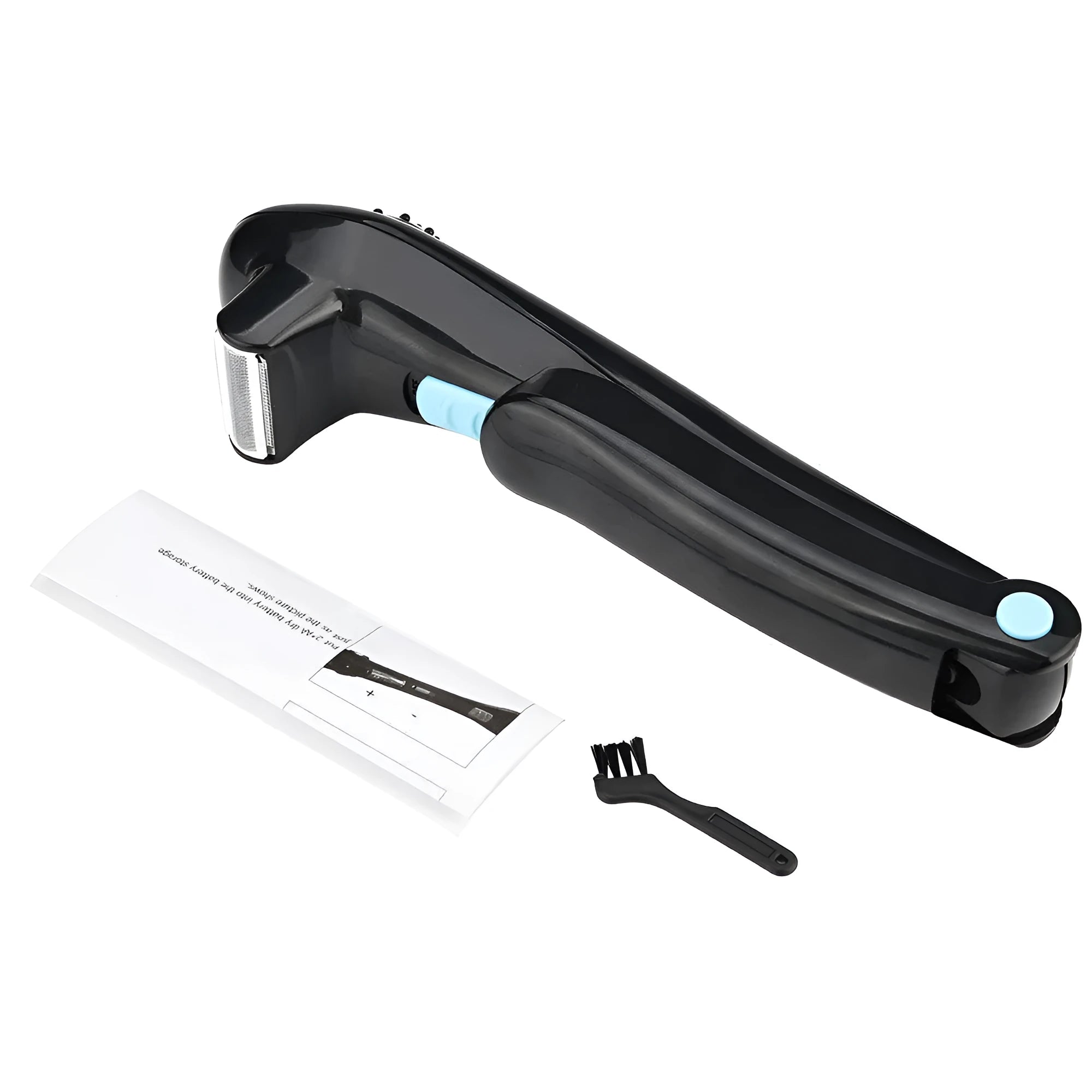 Black folding dry battery electric shaver for body hair removal on a white background.