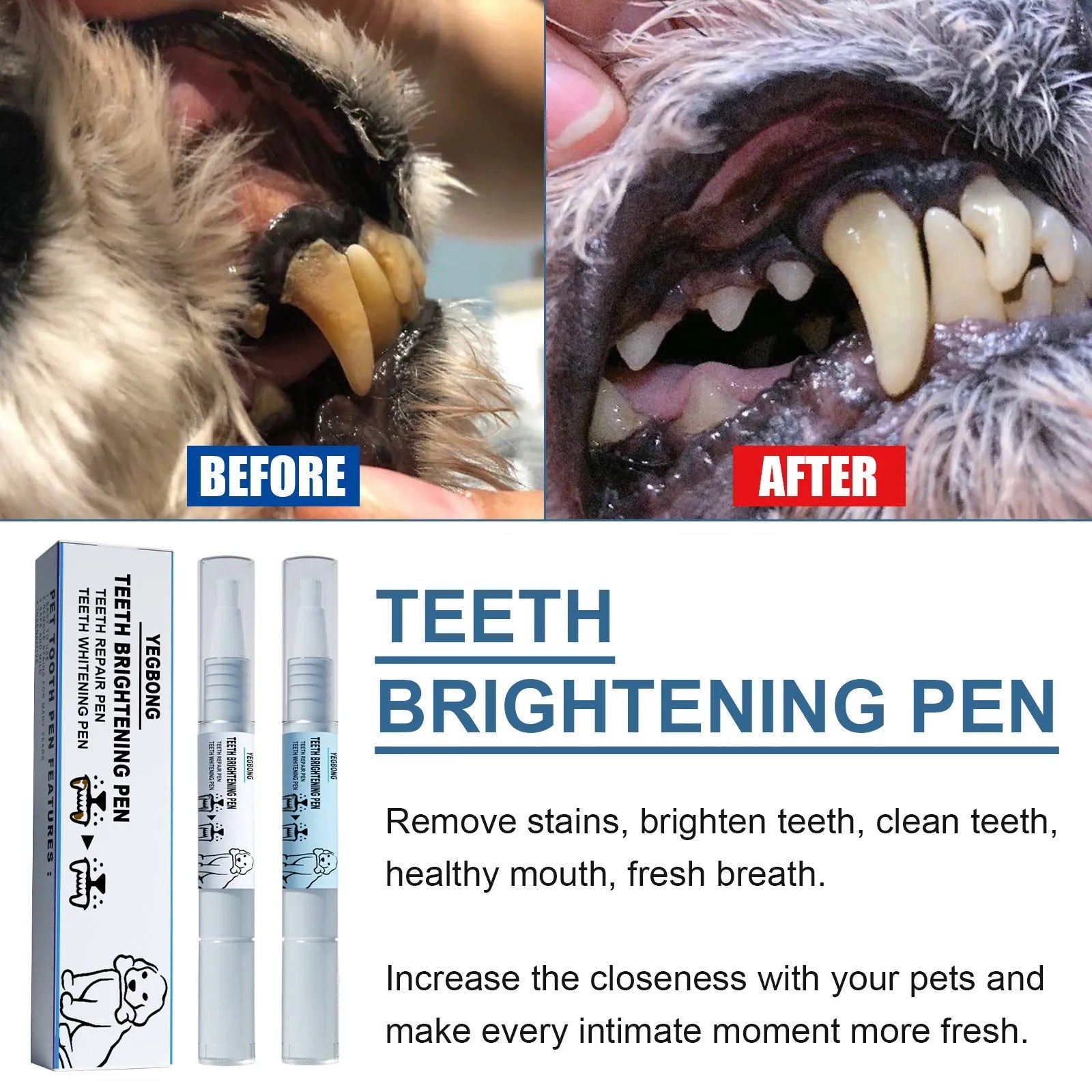Yegbong pet teeth whitening pen for dogs and cats with dental brushes, showing dual-chamber 3ml+3ml design