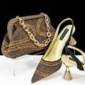 Women's pointed toe high heels with matching small bag, shown in a selected colour with a wine glass heel and rhinestone detail.