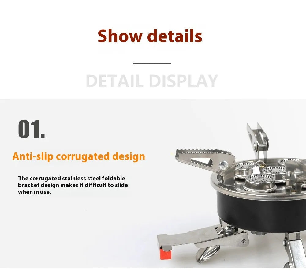 Silver portable split camping stove with hose, dimensions 155mm by 125mm.