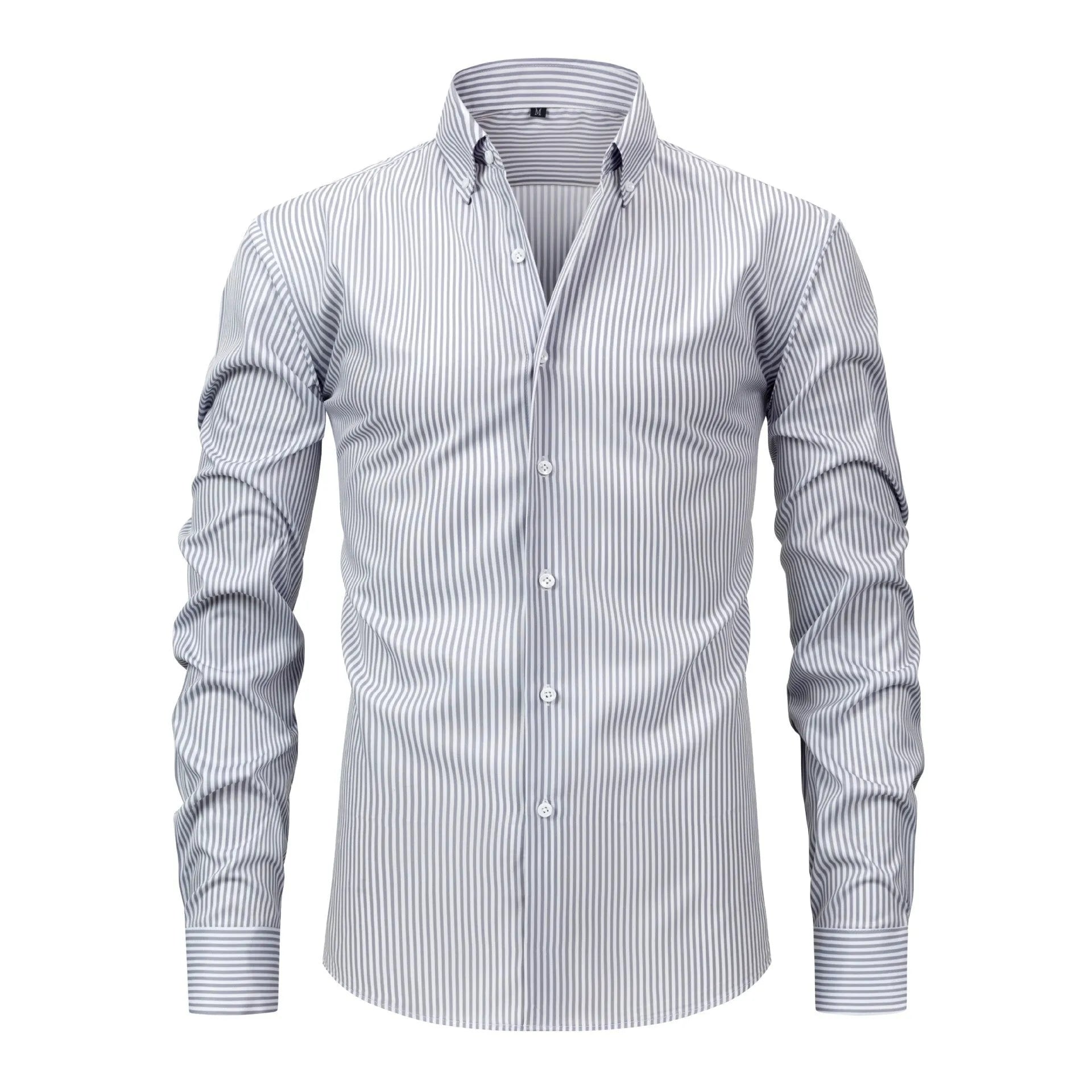 Man wearing a striped non-iron business casual shirt with a lapel collar.