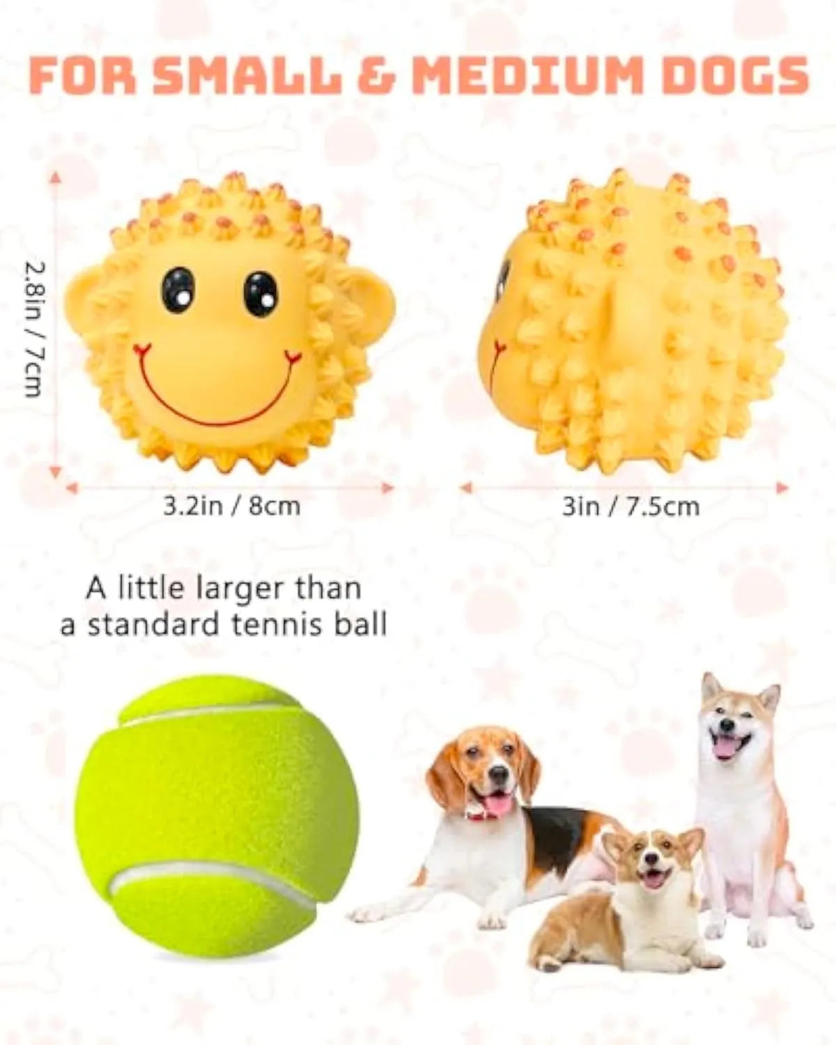 Orange or yellow spiky lamb or monkey latex squeaky dog toy for small medium breeds.
