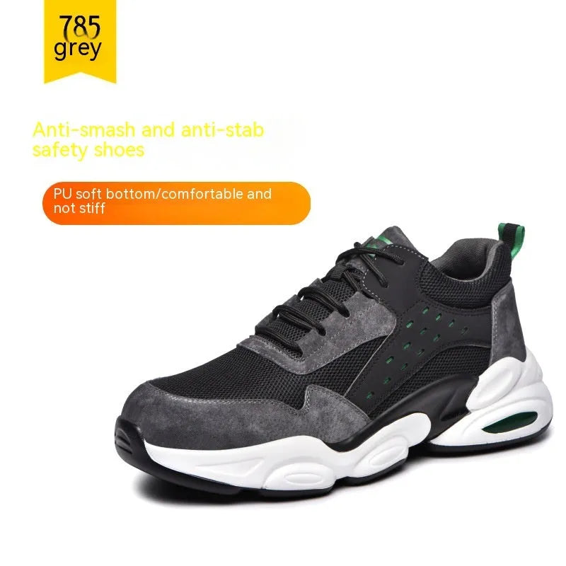 Men's black mesh breathable labour safety shoes with PU sole for anti-smash anti-puncture protection.