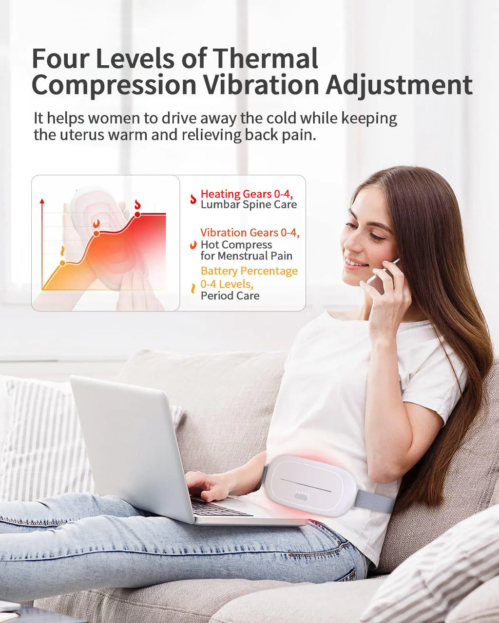 White uterine warming device for women's abdominal wellness with adjustable temperature settings