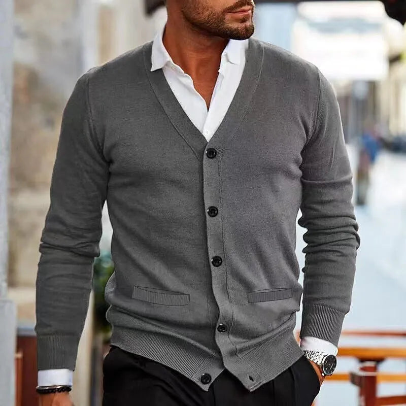 Men's slim fit acrylic cardigan in wine red colour, shown as an autumn sweater coat.