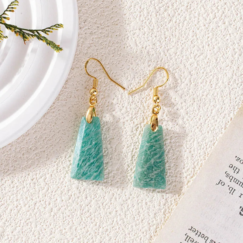 Amazonite rough stone trapezoid earrings with geometric shapes in gold or silver pastoral style settings