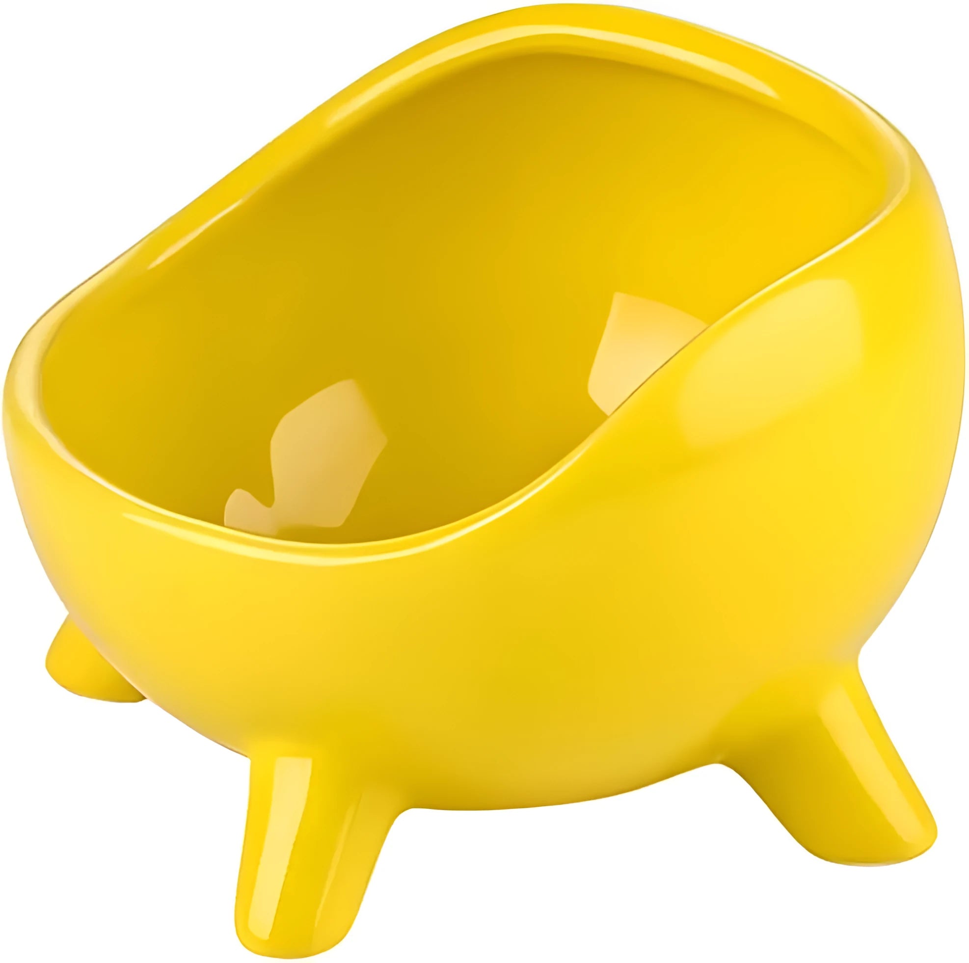 Green ceramic pet food bowl with four-legged base and rounded arc design