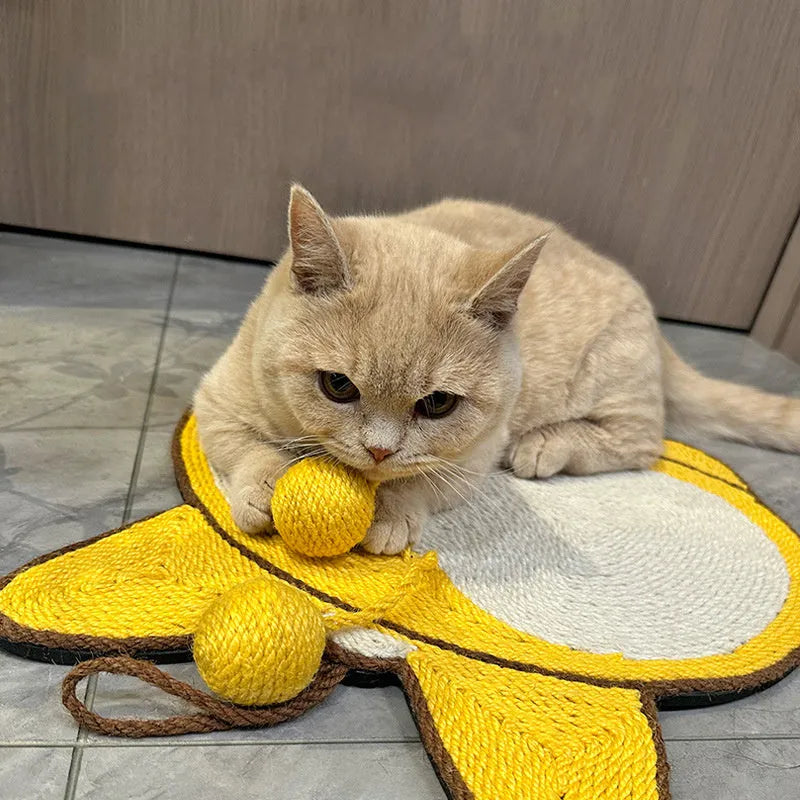 Yellow sisal cat scratching board with Corgi designs, measuring 37x40cm with anti-slip base