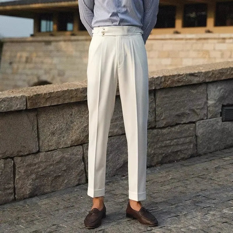 Slim fit straight leg business trousers in chemical fibre blend fabric
