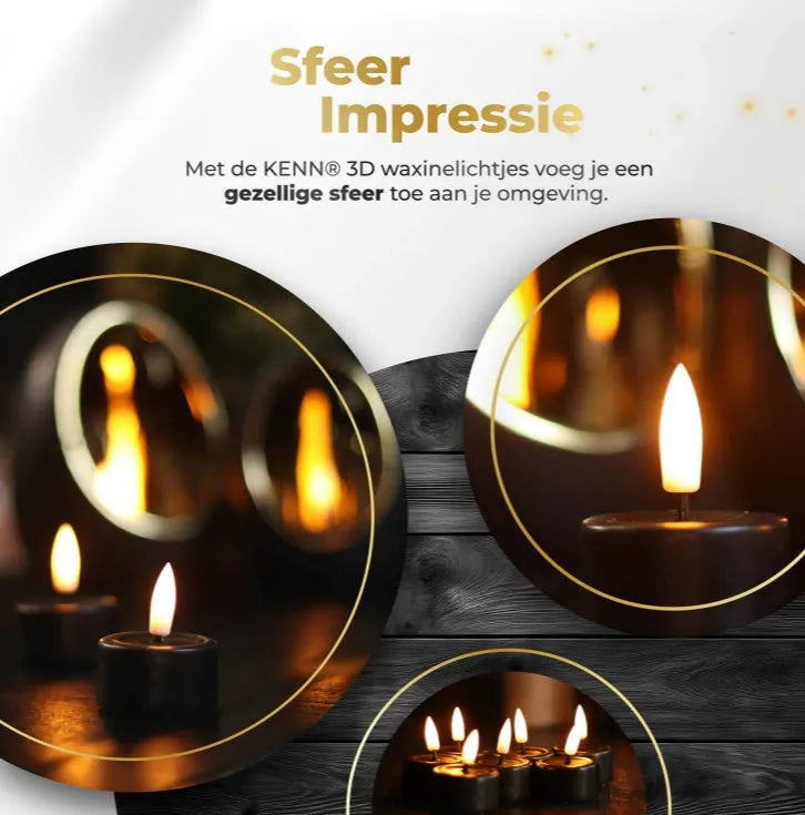 Four black S10 LED tealight candles showing realistic flickering light effect