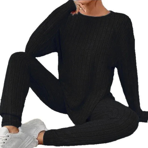 Black and blue sunken stripe two-piece homewear set with regular sleeve top and trousers