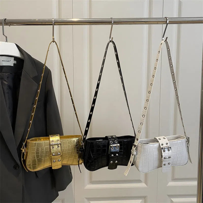 Vertical rectangle PU underarm bag with stitched patchwork, single shoulder strap, available in black, gold, white