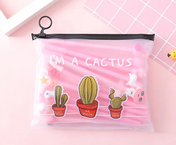 Set of twenty black 0.5mm gel pens with cartoon cactus designs in a plastic storage case measuring 21x17 cm
