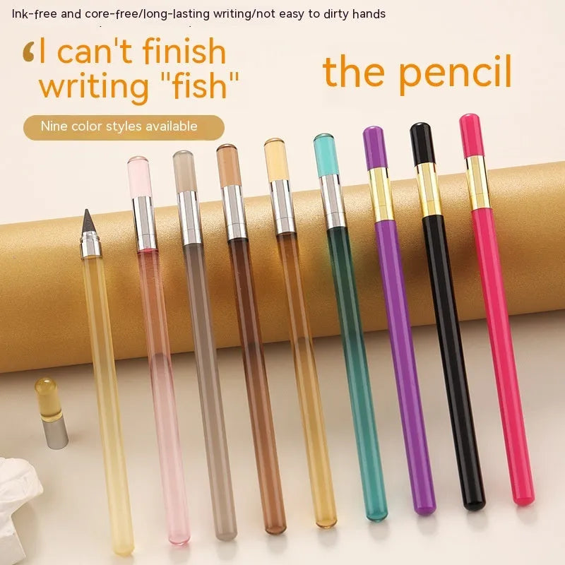Clear acrylic eternal pencil with alloy pen head showing internal mechanism and colour refill options