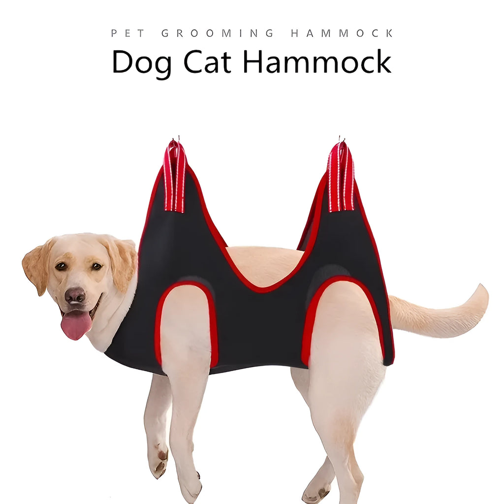 Hanging mesh pet grooming restraint bag for cat and dog nail trimming and bath time.
